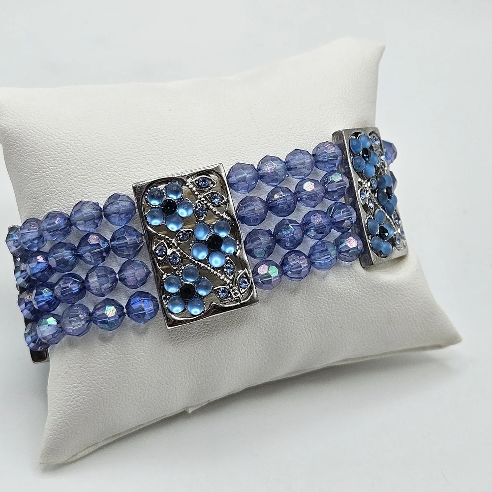 VINTAGE Blue Beaded Flower Rhinestone Silver Tone Stretch Bracelet